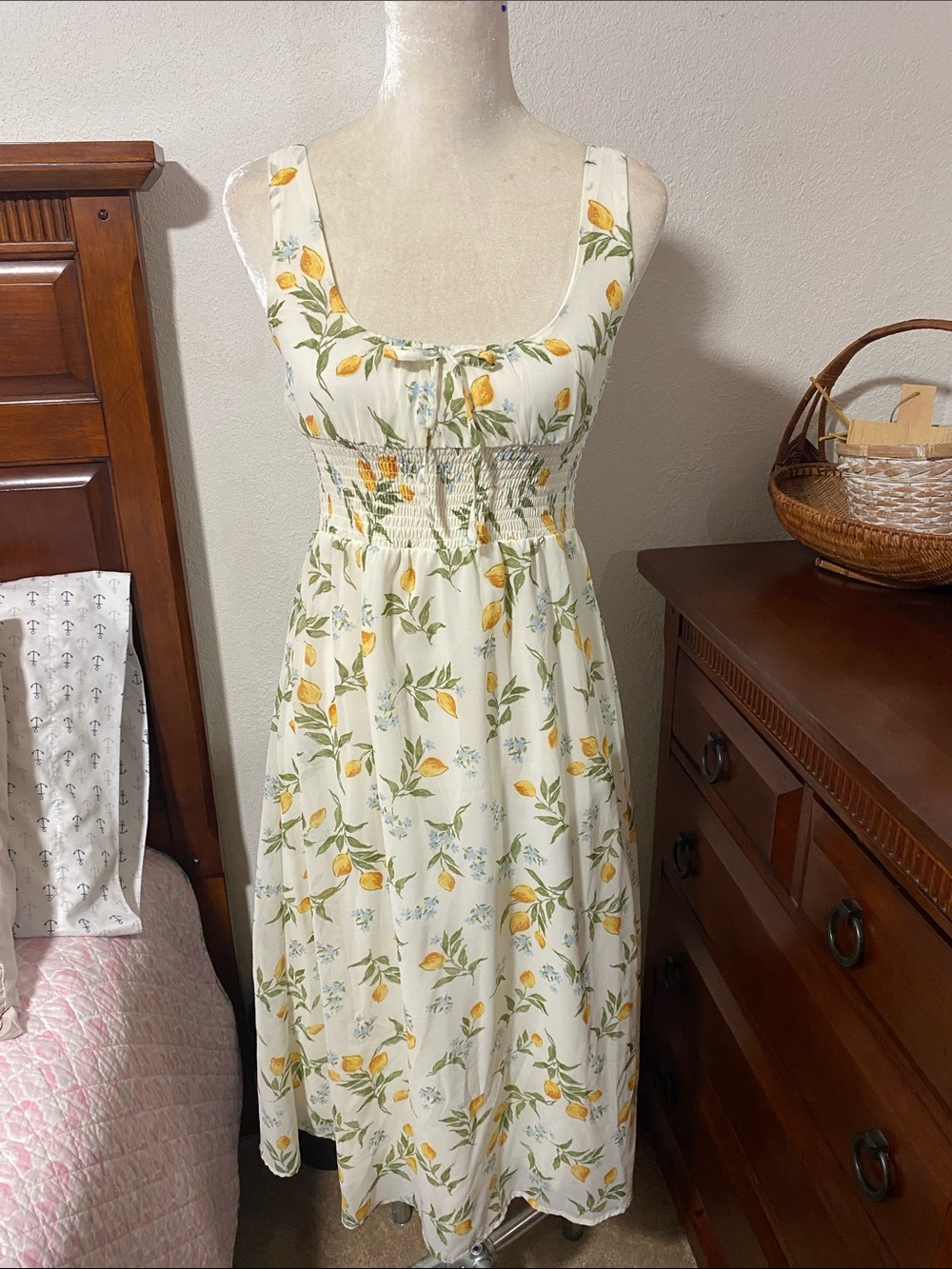 Smocked Cream Midi Dress with Yellow Lemon Print